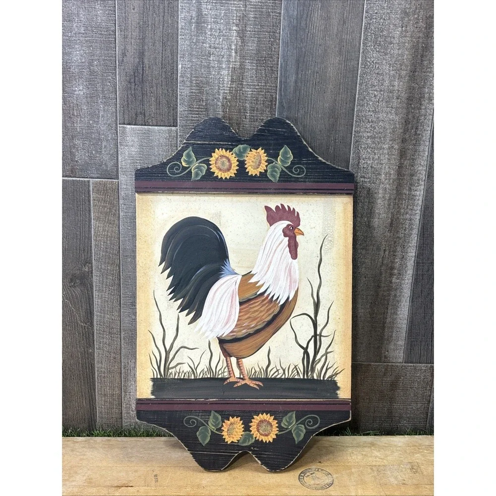 Vintage Folk Art Rooster Wall Hanging Hand Painted Wooden Country Farmhouse
